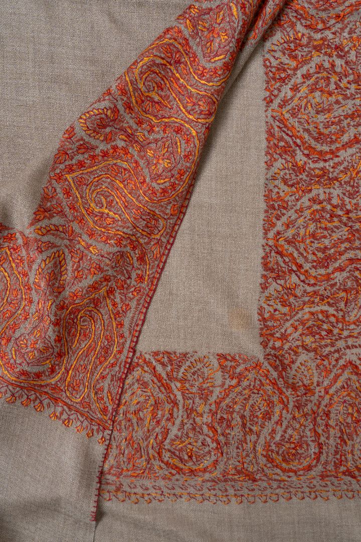 2.5 Yards | Surkh Gul — Sozni Hand-Embroidered Shawl in Classic Beige