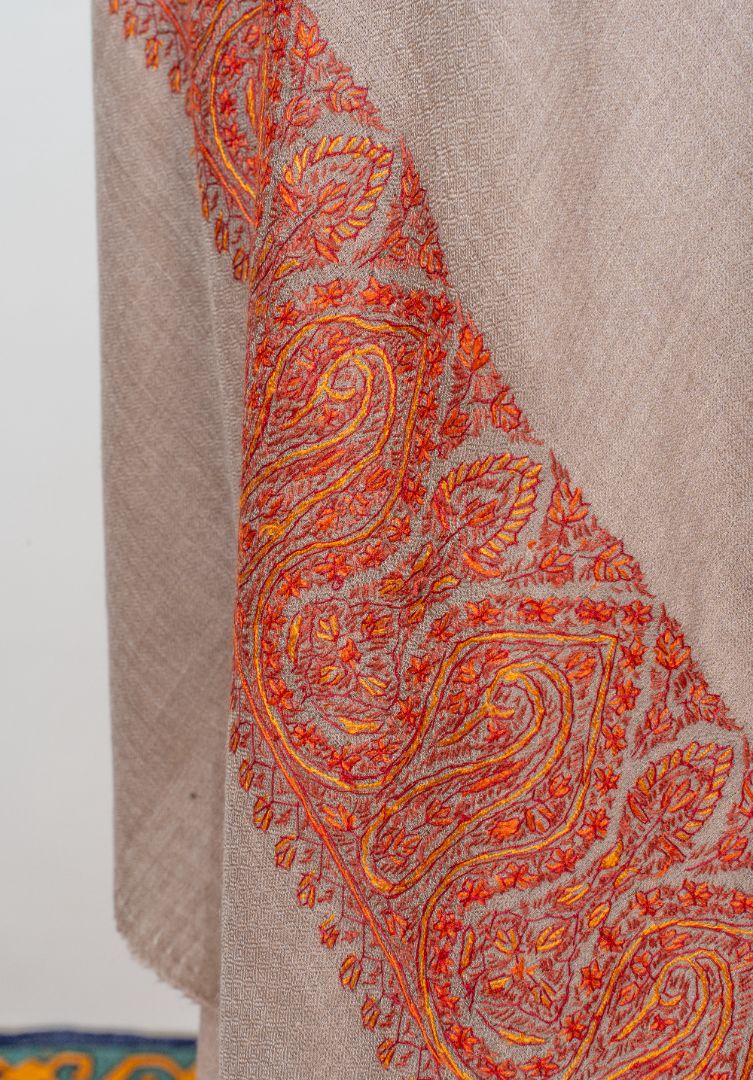 2.5 Yards | Surkh Gul — Sozni Hand-Embroidered Shawl in Classic Beige