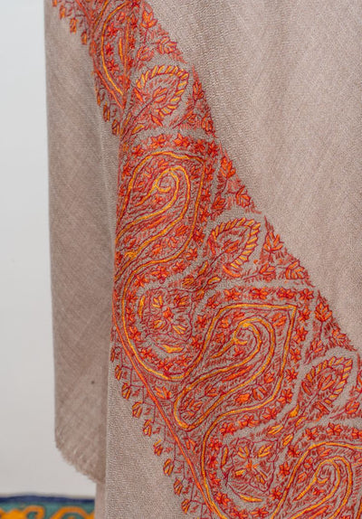2.5 Yards | Surkh Gul — Sozni Hand-Embroidered Shawl in Classic Beige