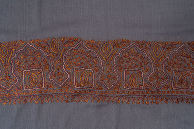 2.5 Yards | Shaam-e-Falak — Sozni Hand-Embroidered Shawl in Slate Grey with Burnt Copper & Rust Borders