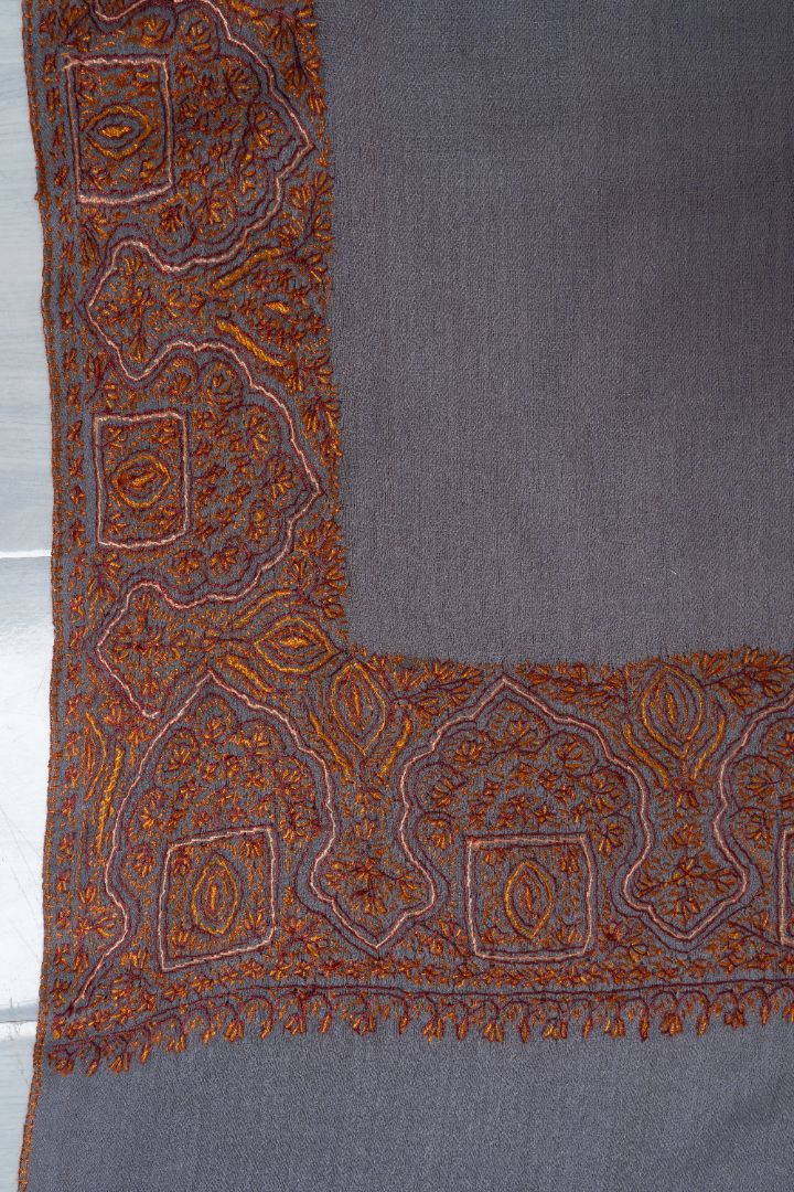 2.5 Yards | Shaam-e-Falak — Sozni Hand-Embroidered Shawl in Slate Grey with Burnt Copper & Rust Borders