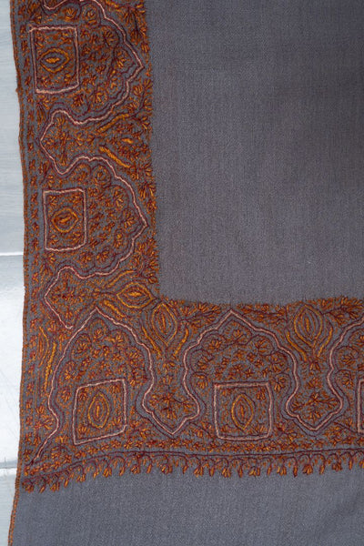 2.5 Yards | Shaam-e-Falak — Sozni Hand-Embroidered Shawl in Slate Grey with Burnt Copper & Rust Borders