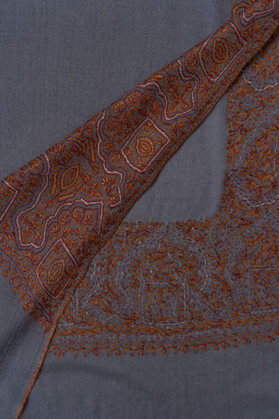 2.5 Yards | Shaam-e-Falak — Sozni Hand-Embroidered Shawl in Slate Grey with Burnt Copper & Rust Borders