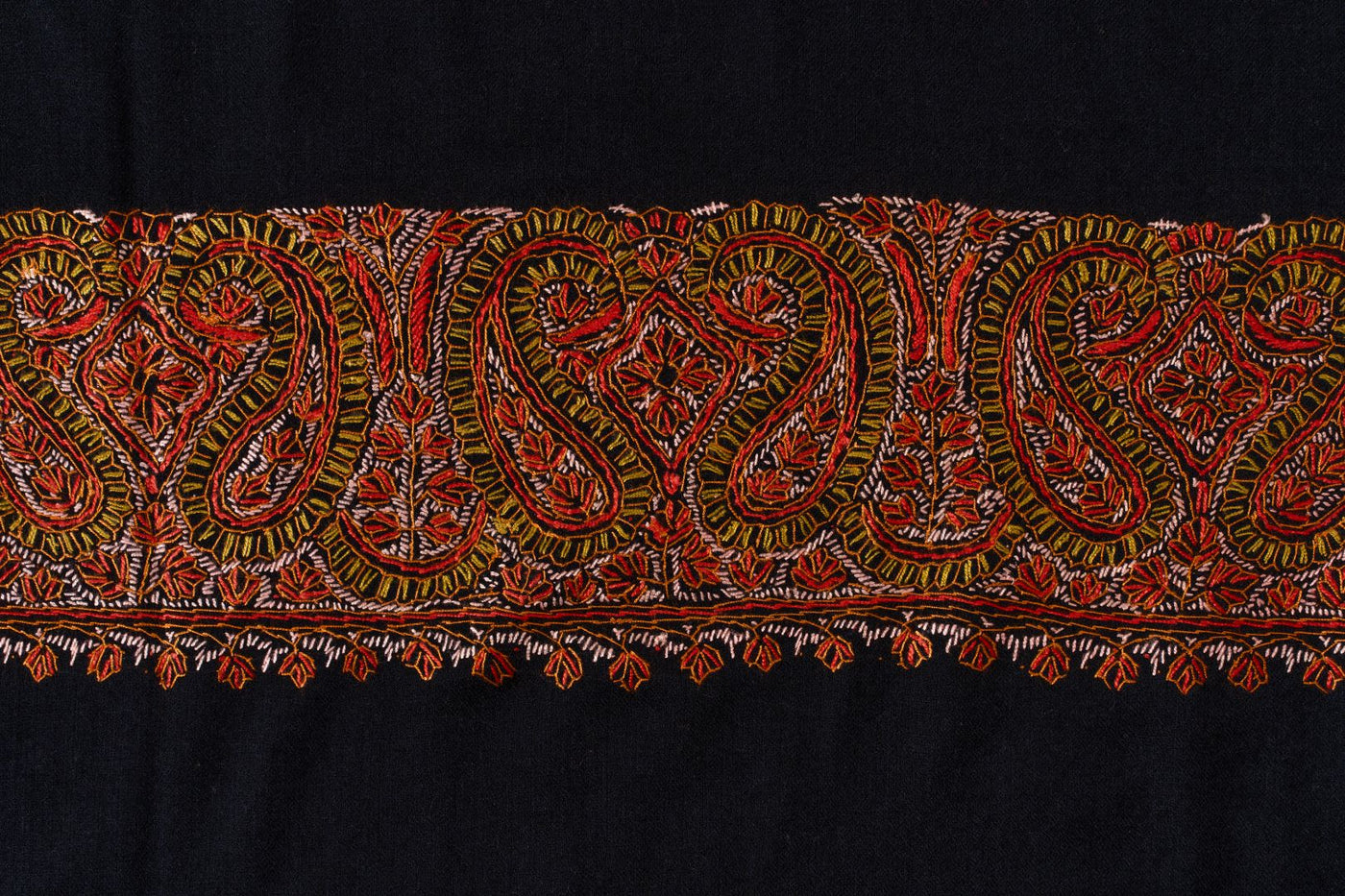 2.5 Yards | Siyah-e-Zari — Sozni Hand-Embroidered Shawl in Black with Rust & Olive Paisleys