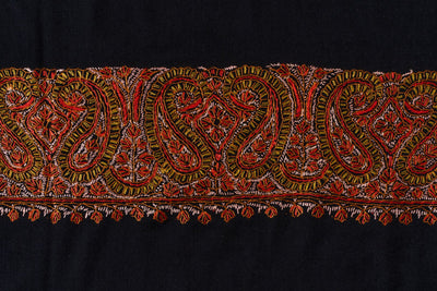 2.5 Yards | Siyah-e-Zari — Sozni Hand-Embroidered Shawl in Black with Rust & Olive Paisleys