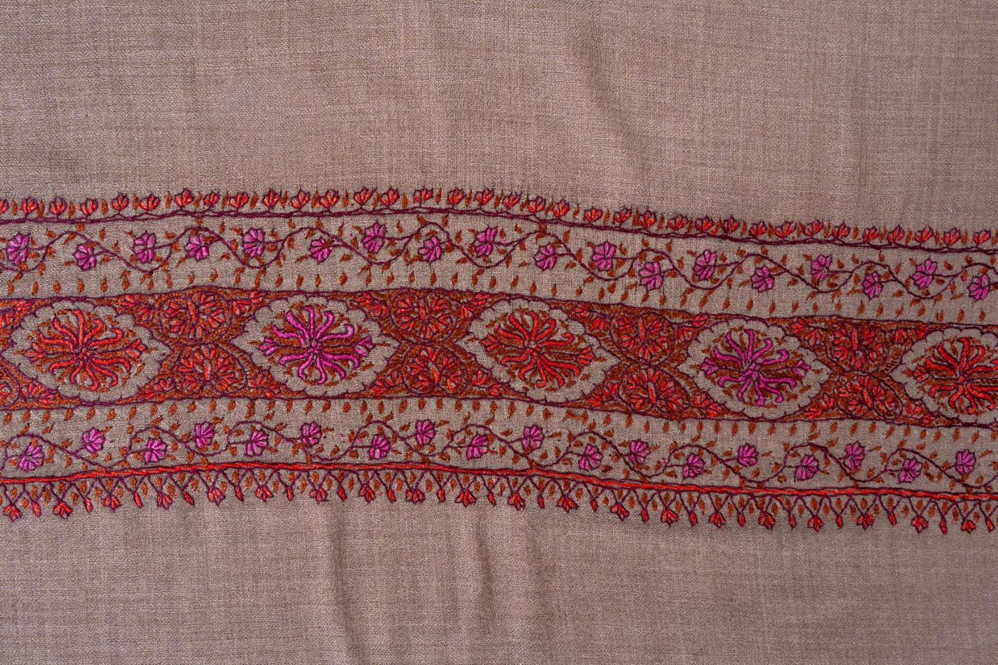 2.5 Yards | Ferozi-Gulzar — Sozni Hand-Embroidered Pashmina Shawl in Cocoa Taupe with Crimson & Fuchsia Border