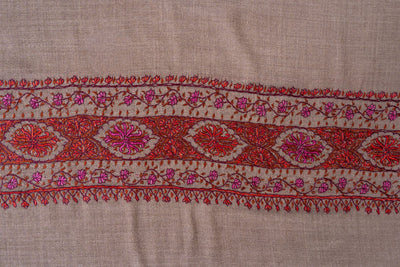 2.5 Yards | Ferozi-Gulzar — Sozni Hand-Embroidered Pashmina Shawl in Cocoa Taupe with Crimson & Fuchsia Border