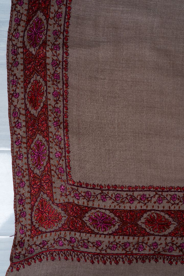 2.5 Yards | Ferozi-Gulzar — Sozni Hand-Embroidered Pashmina Shawl in Cocoa Taupe with Crimson & Fuchsia Border