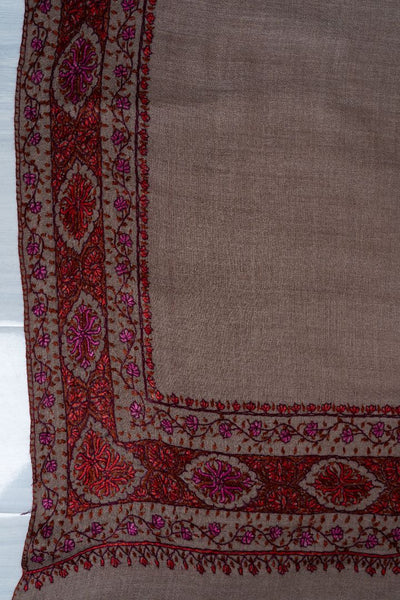 2.5 Yards | Ferozi-Gulzar — Sozni Hand-Embroidered Pashmina Shawl in Cocoa Taupe with Crimson & Fuchsia Border