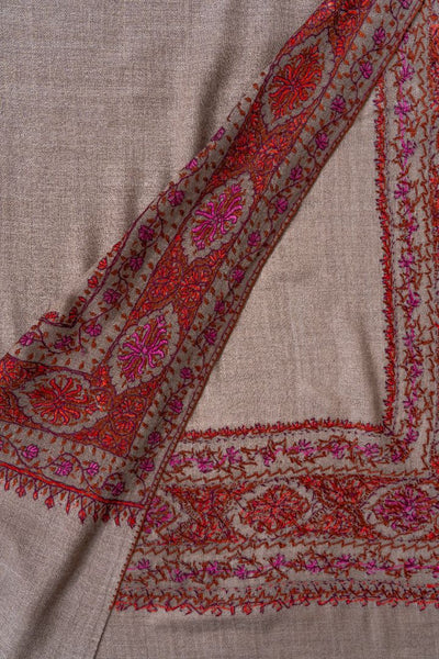2.5 Yards | Ferozi-Gulzar — Sozni Hand-Embroidered Pashmina Shawl in Cocoa Taupe with Crimson & Fuchsia Border