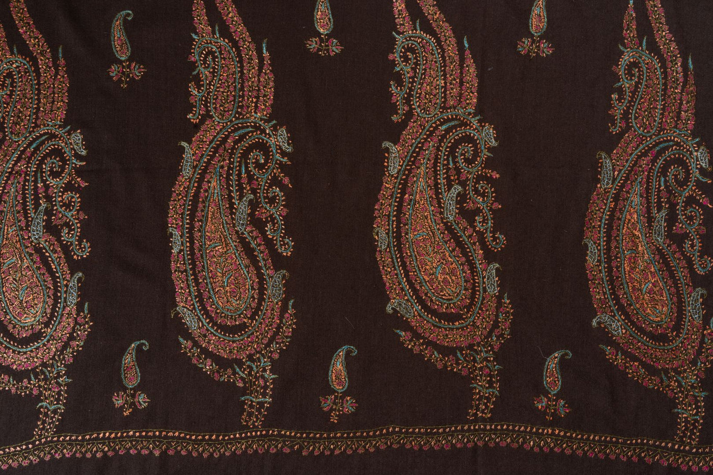 2.5 Yards | Shafaq-e-Tabassum — Sozni Hand-Embroidered Shawl in Deep Cocoa with Paisley Medallions