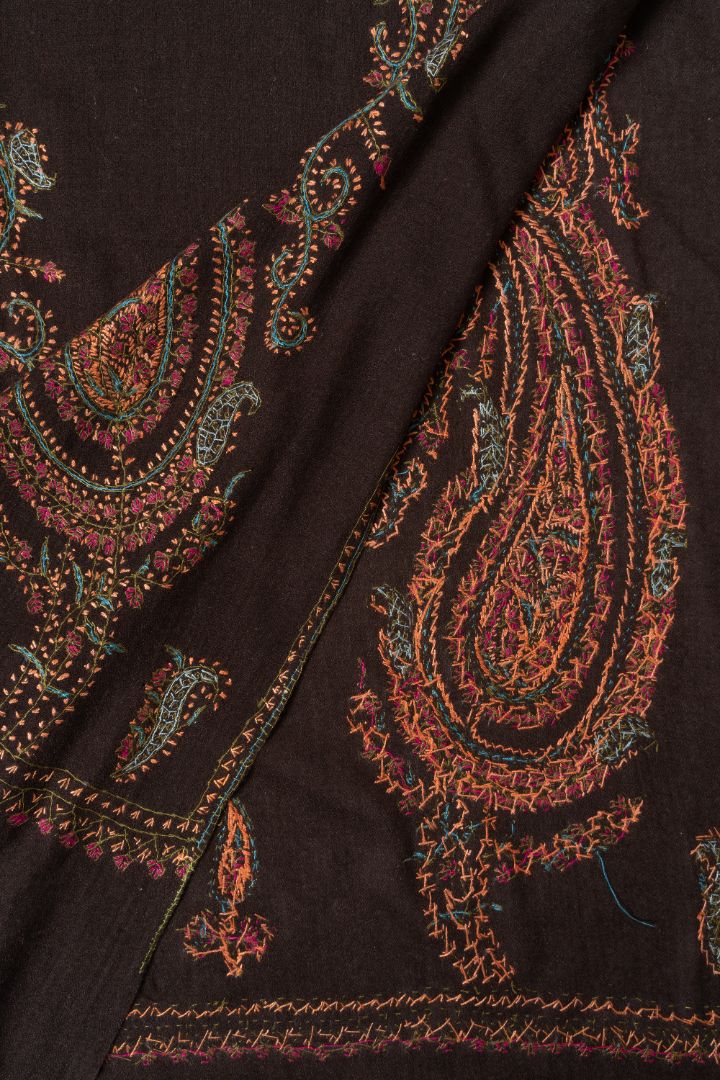 2.5 Yards | Shafaq-e-Tabassum — Sozni Hand-Embroidered Shawl in Deep Cocoa with Paisley Medallions