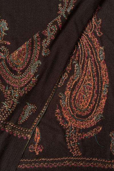 2.5 Yards | Shafaq-e-Tabassum — Sozni Hand-Embroidered Shawl in Deep Cocoa with Paisley Medallions