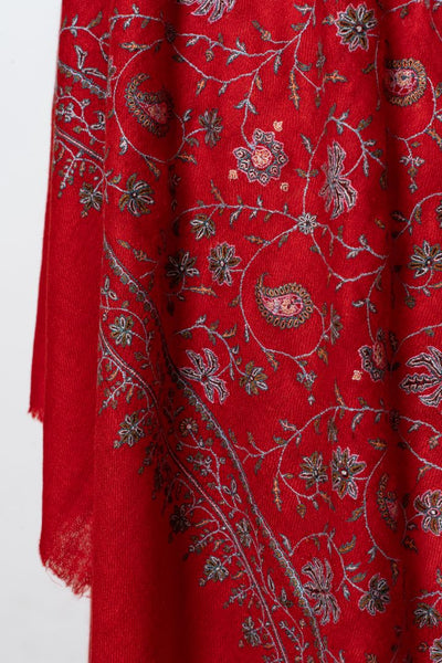 Surkh Gul – Scarlet Sozni Hand-Embroidered Pashmina Shawl