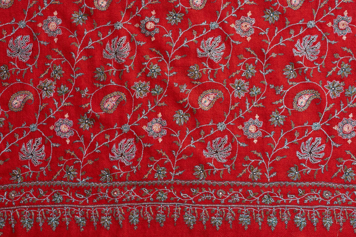 Surkh Gul – Scarlet Sozni Hand-Embroidered Pashmina Shawl
