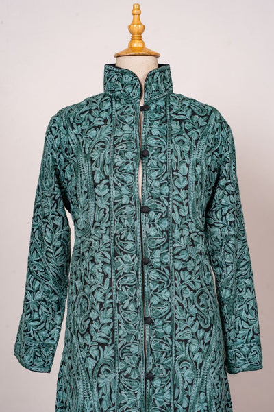 Sheherzaad Teal: Long Jacket with Aari Embroidery