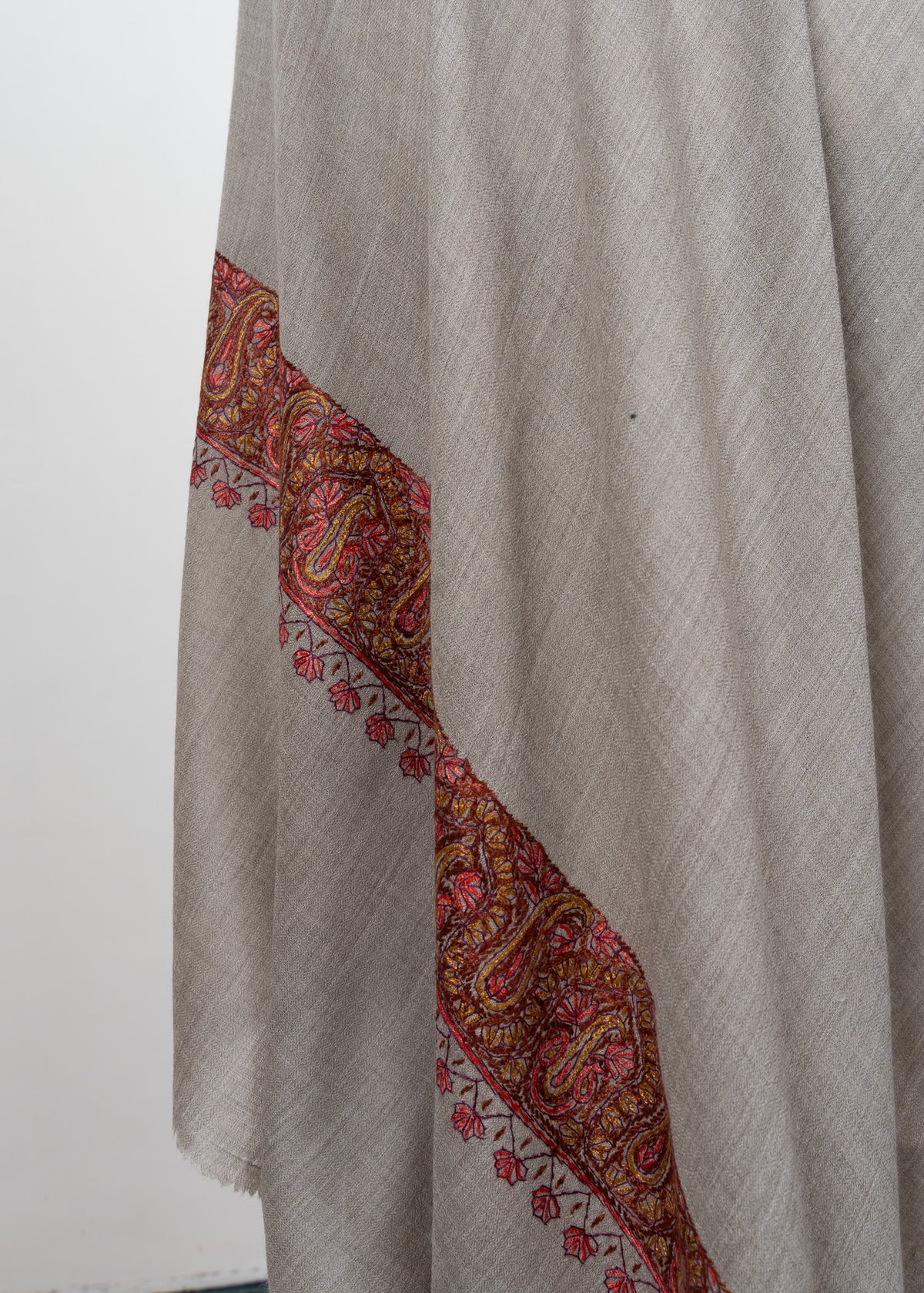 Stone Taupe Paisley 2.5 Yards Sozni Hand Embroidered Shawl