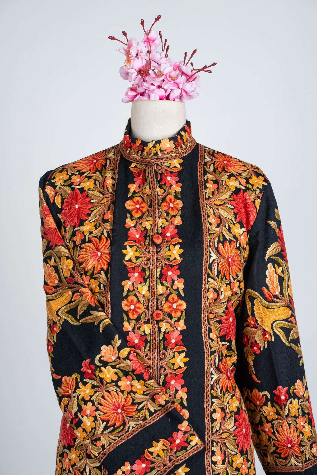 Autumn Floral Aari Hand Embroidered Long Jacket