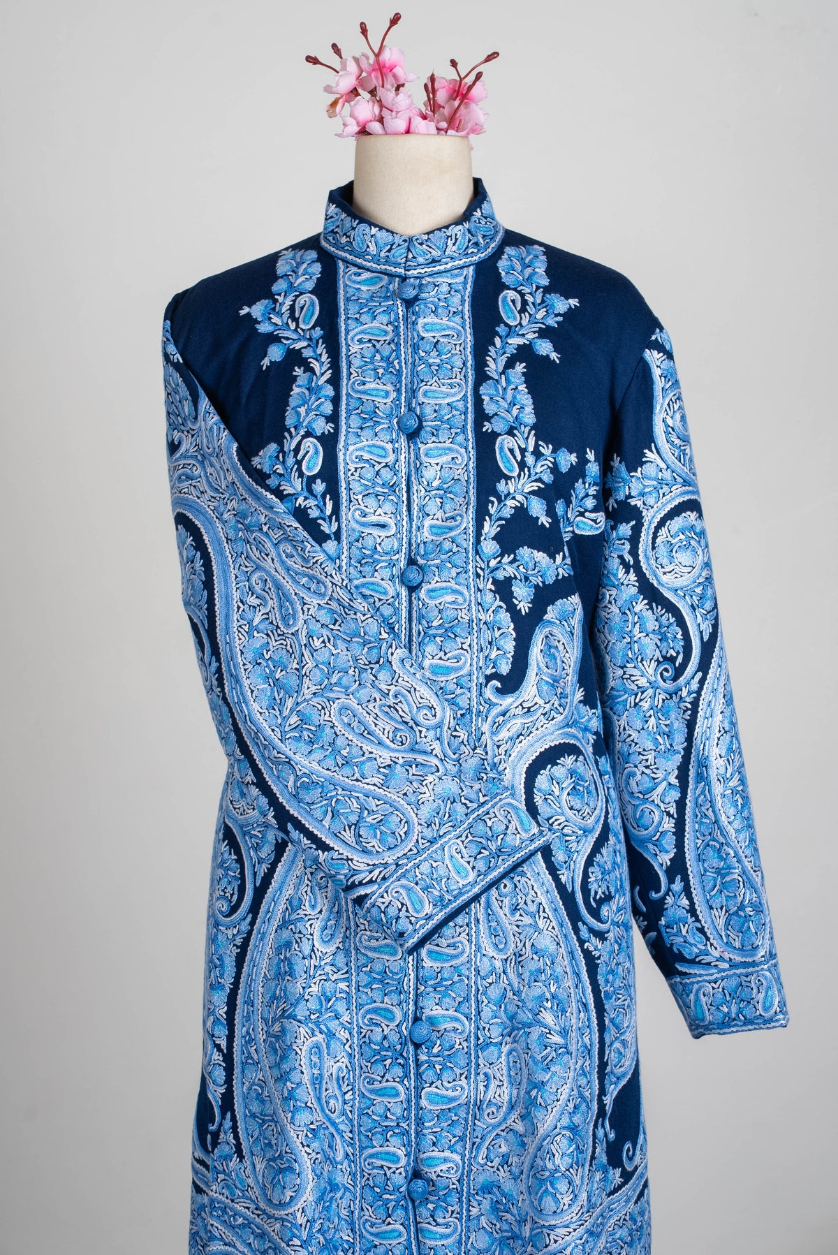 Sapphire Paisley Aari Hand Embroidered Long Jacket