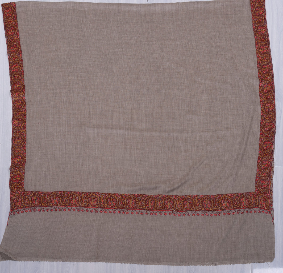 Stone Taupe Paisley 2.5 Yards Sozni Hand Embroidered Shawl