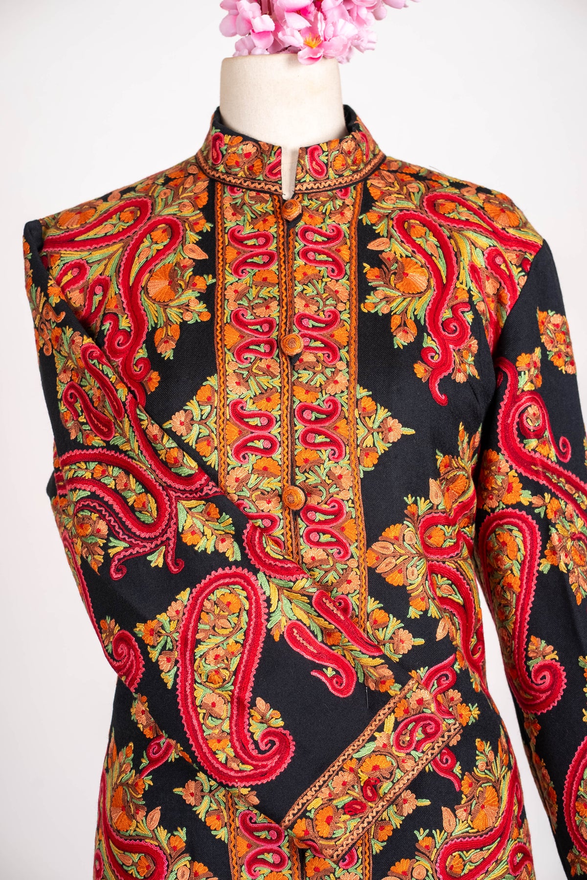 Crimson Paisley Aari Hand Embroidered Long Jacket