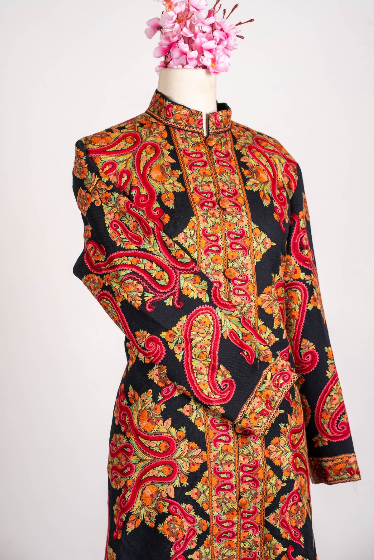 Crimson Paisley Aari Hand Embroidered Long Jacket