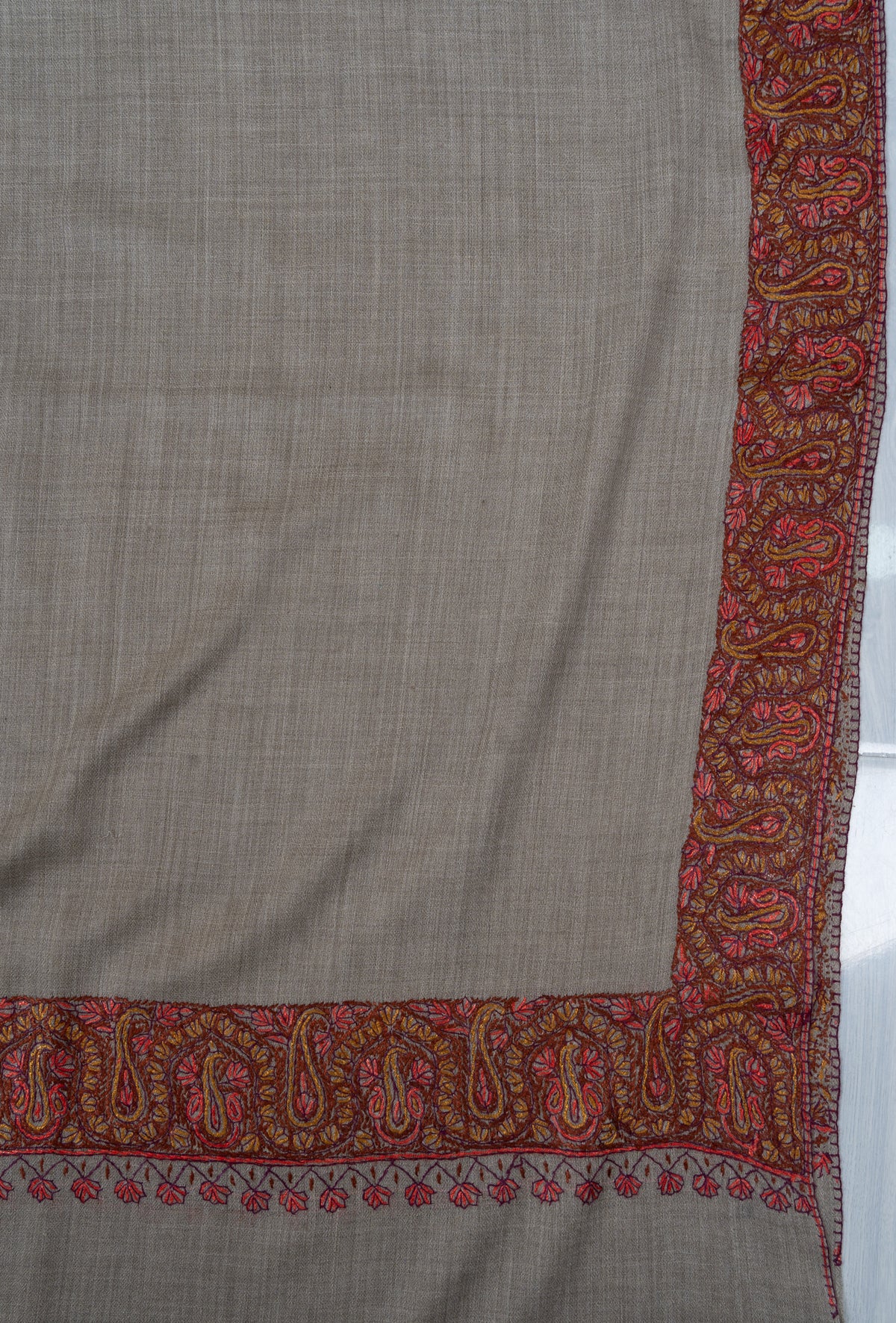Stone Taupe Paisley 2.5 Yards Sozni Hand Embroidered Shawl