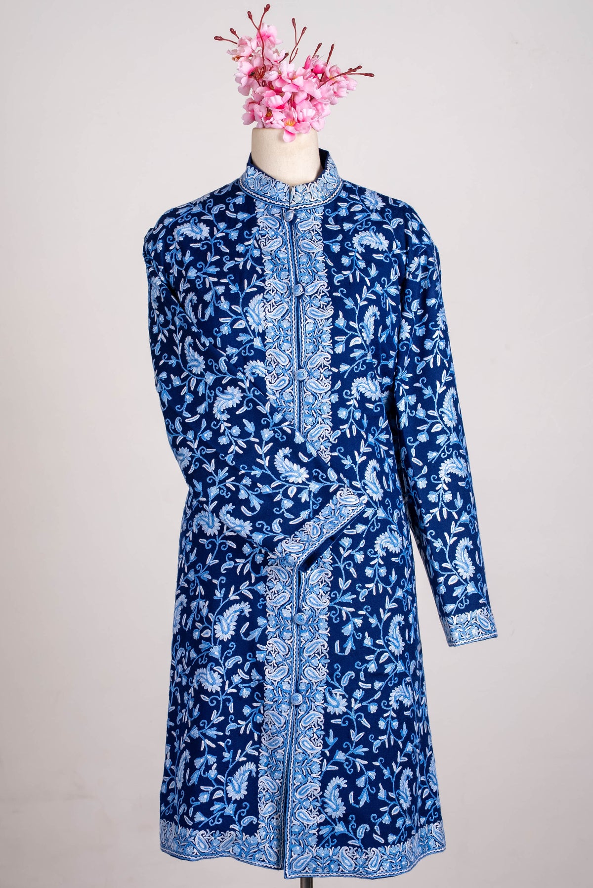 Indigo Blossom Aari Hand Embroidered Long Jacket