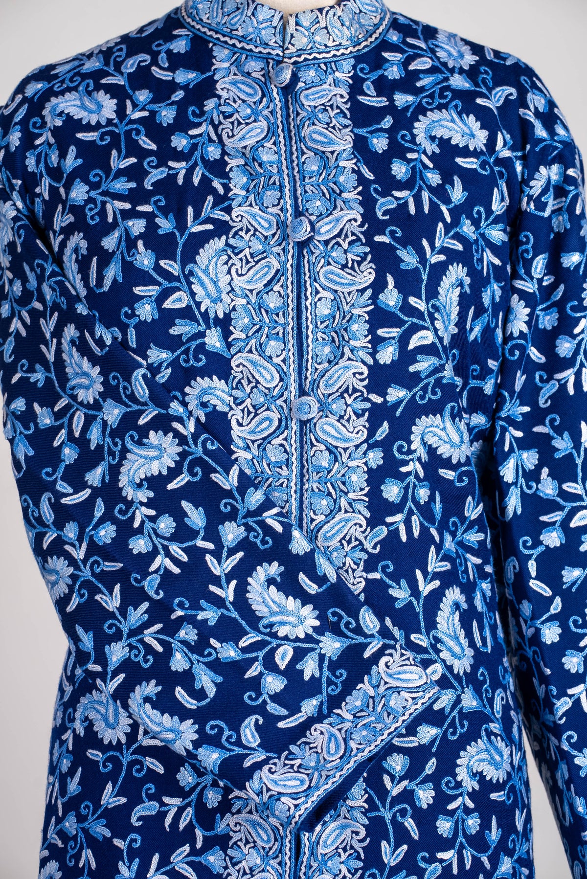 Indigo Blossom Aari Hand Embroidered Long Jacket