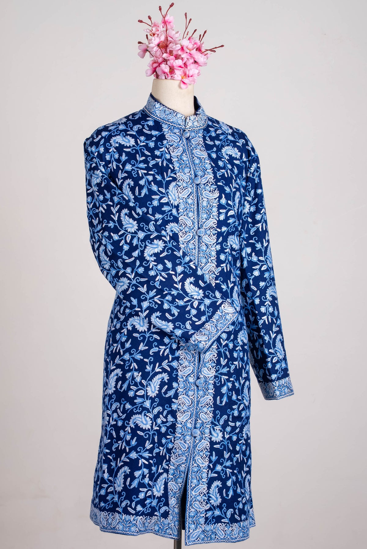 Indigo Blossom Aari Hand Embroidered Long Jacket
