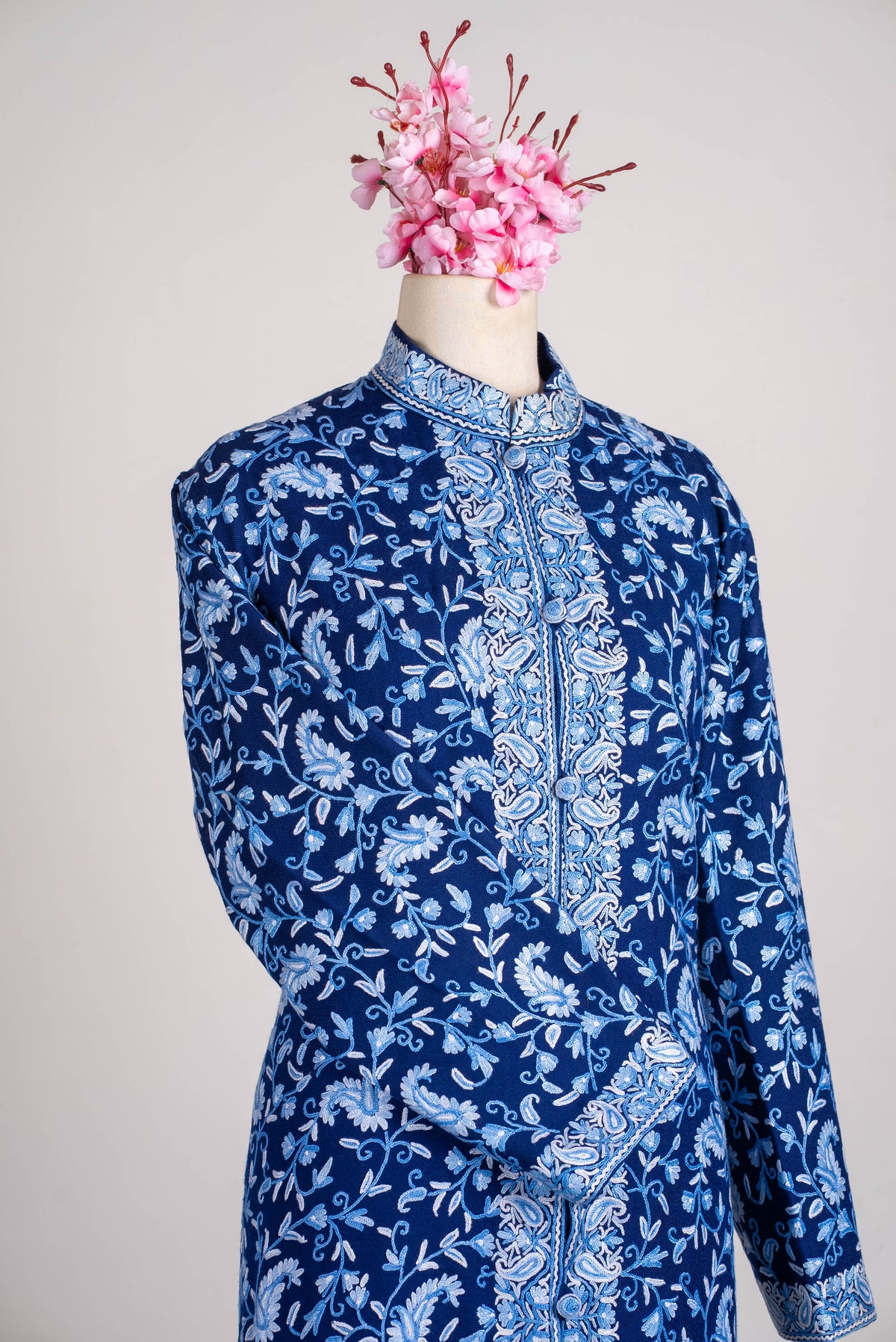 Indigo Blossom Aari Hand Embroidered Long Jacket