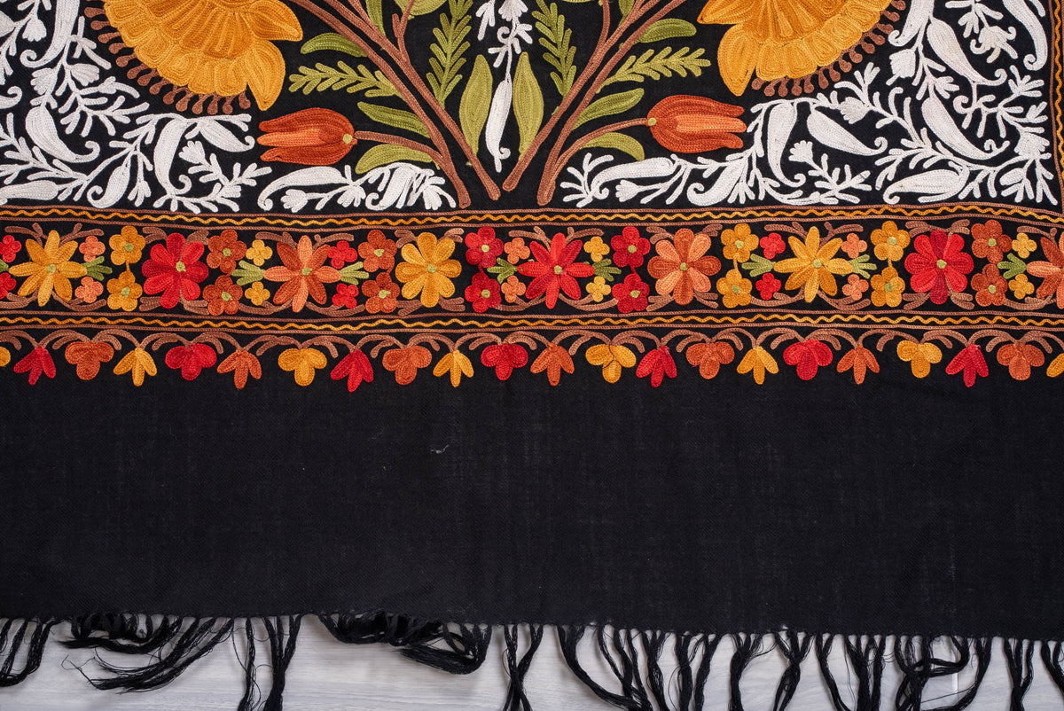 Fine Merino Wool Aari Embroidered Shawl with Multicolor Floral Jama and White Vinework