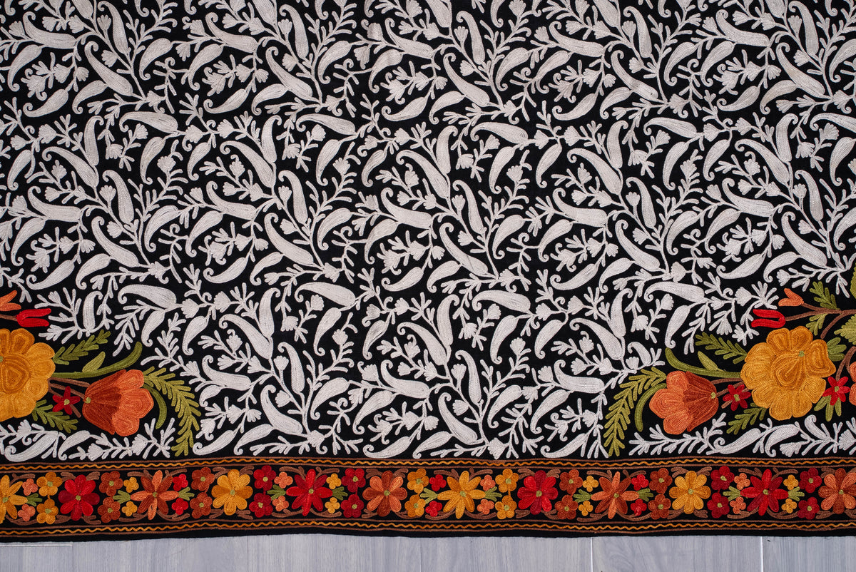 Fine Merino Wool Aari Embroidered Shawl with Multicolor Floral Jama and White Vinework