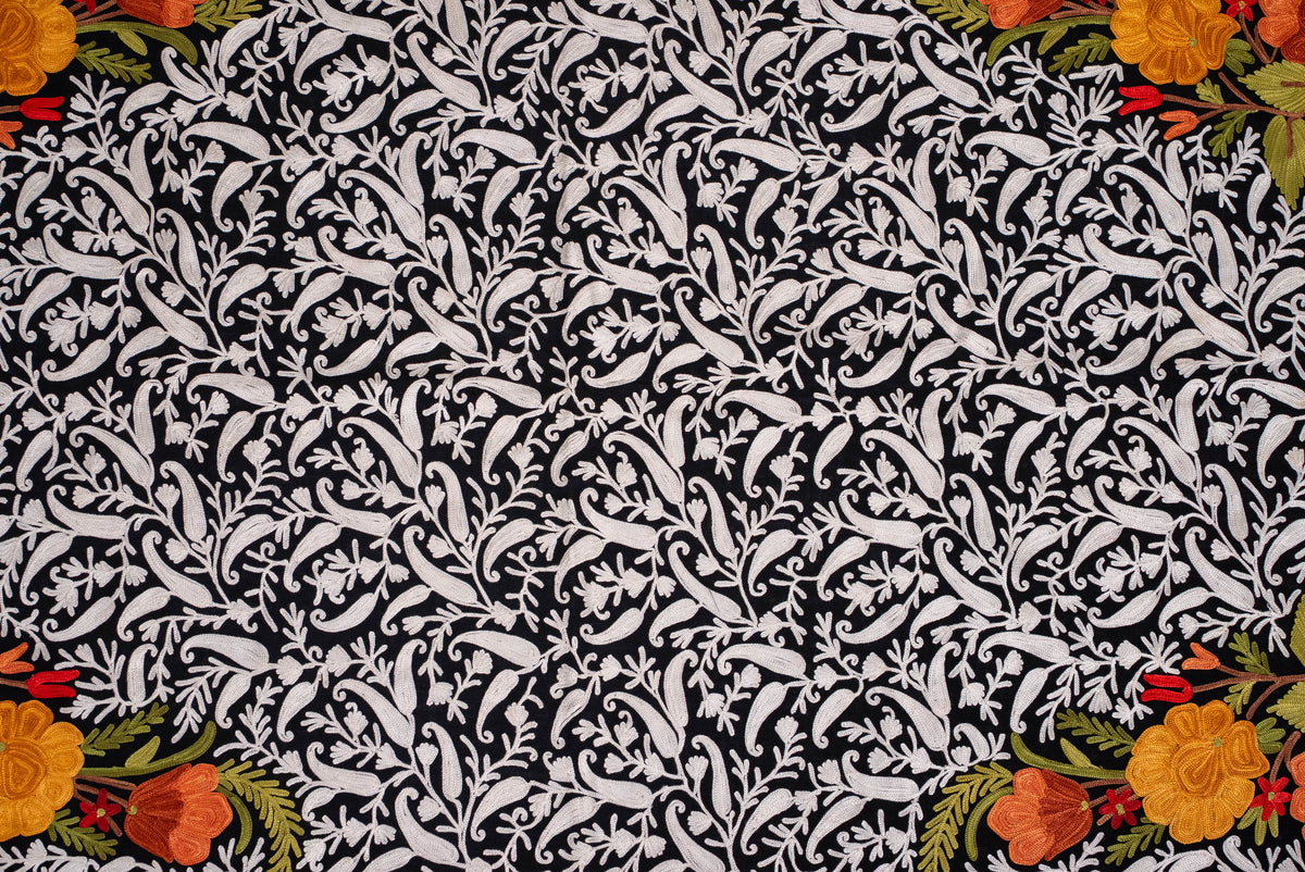 Fine Merino Wool Aari Embroidered Shawl with Multicolor Floral Jama and White Vinework