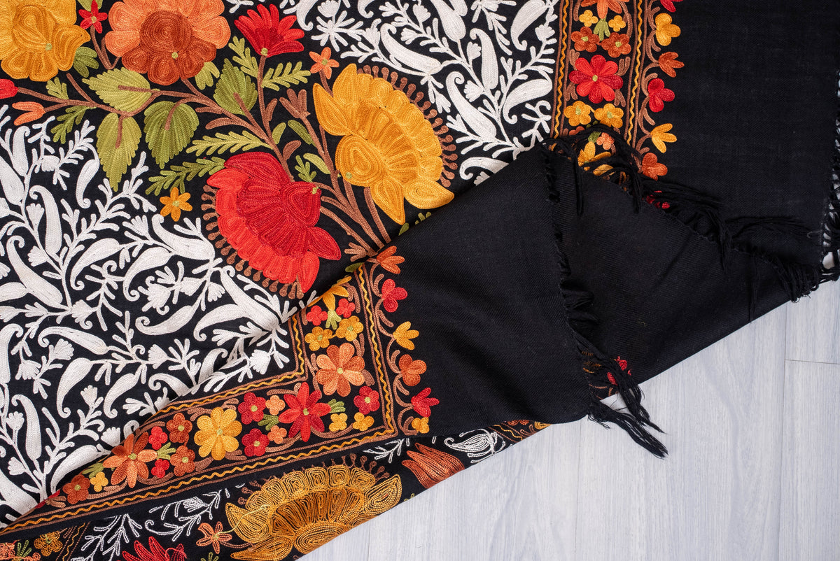Fine Merino Wool Aari Embroidered Shawl with Multicolor Floral Jama and White Vinework