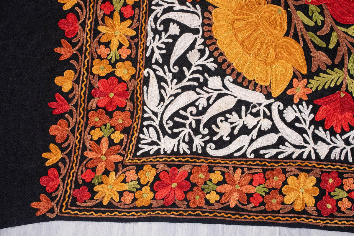 Fine Merino Wool Aari Embroidered Shawl with Multicolor Floral Jama and White Vinework