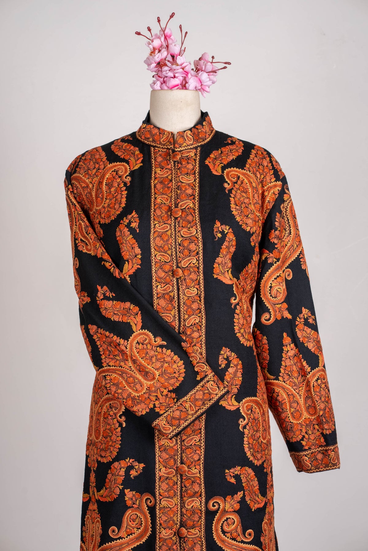 Burnt Amber Aari Hand Embroidered Long Jacket