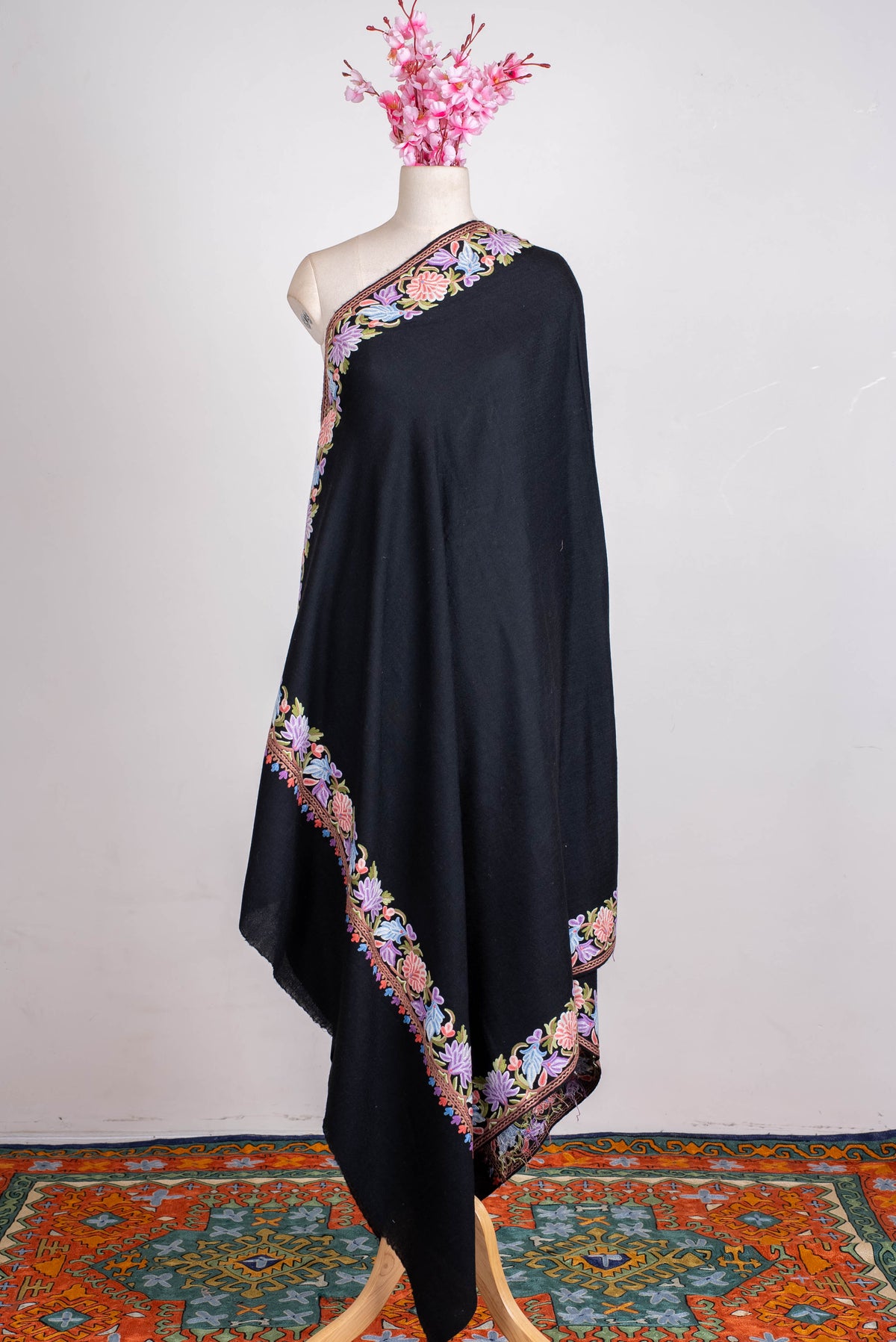 Fine Merino Wool Aari Hand Embroidered Shawl with Multicolor Floral Border
