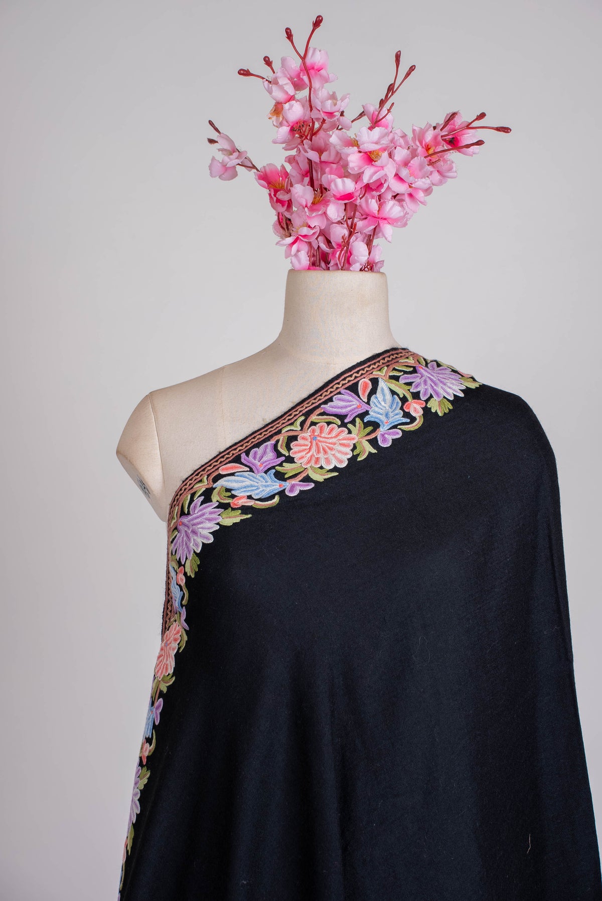 Fine Merino Wool Aari Hand Embroidered Shawl with Multicolor Floral Border