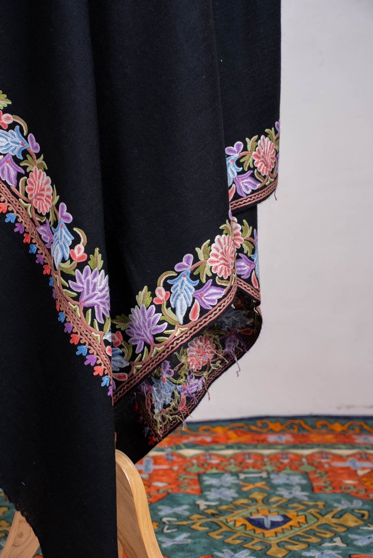 Fine Merino Wool Aari Hand Embroidered Shawl with Multicolor Floral Border
