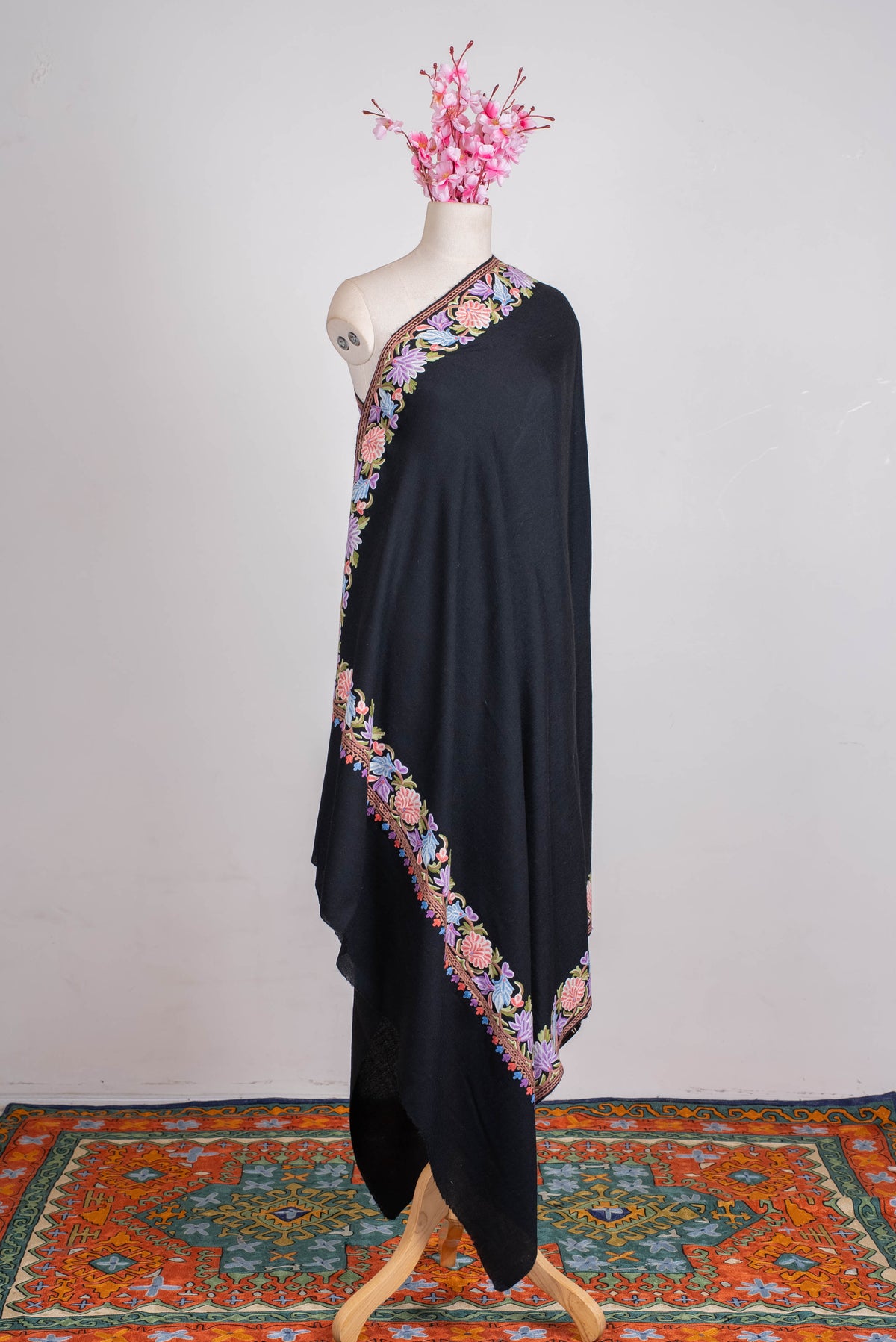 Fine Merino Wool Aari Hand Embroidered Shawl with Multicolor Floral Border