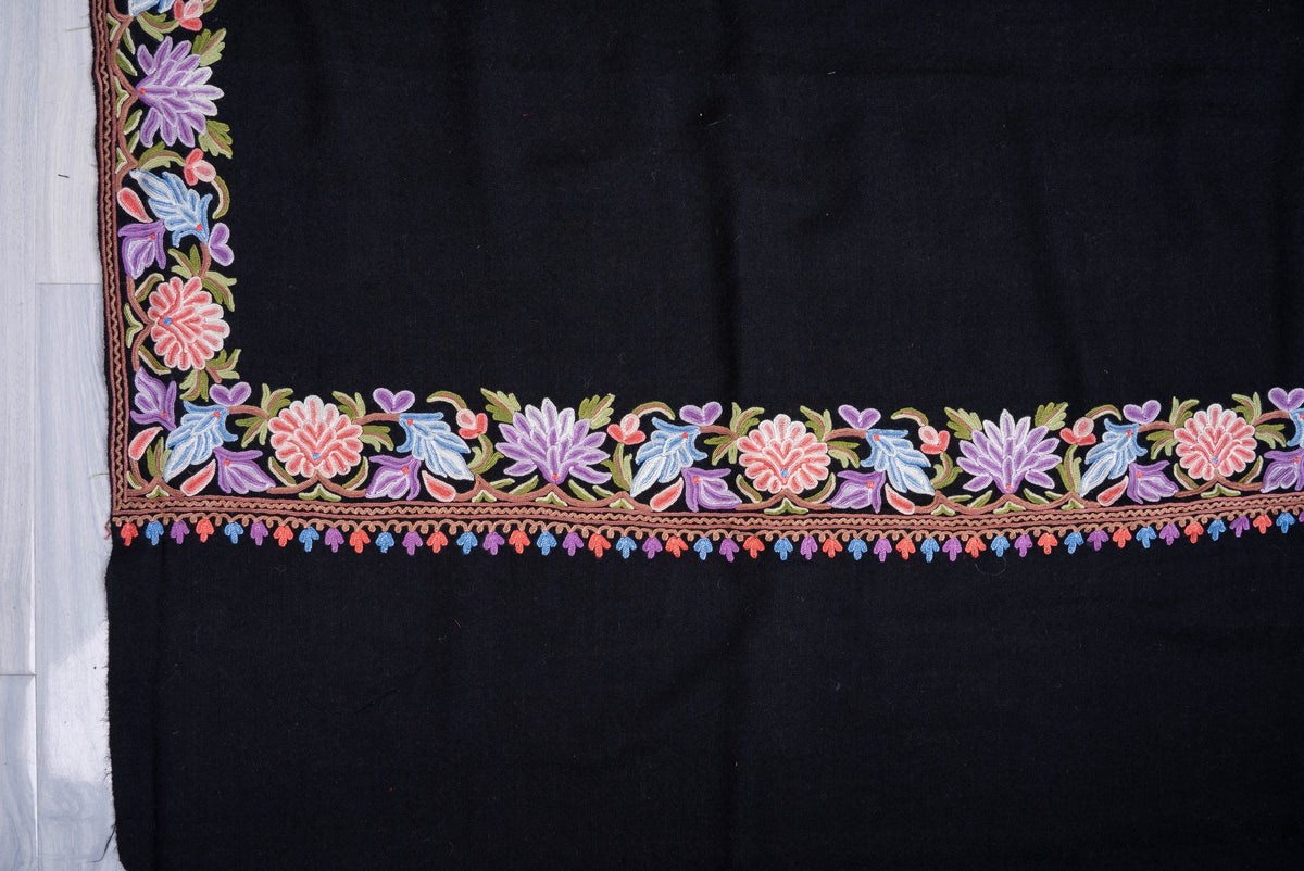 Fine Merino Wool Aari Hand Embroidered Shawl with Multicolor Floral Border