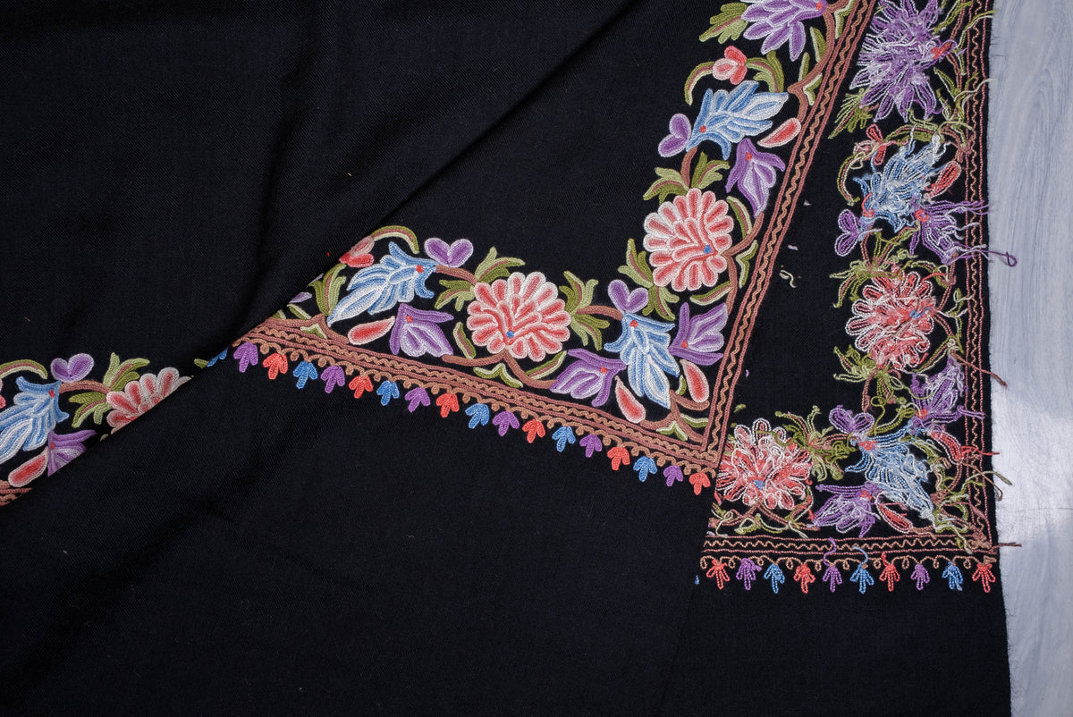 Fine Merino Wool Aari Hand Embroidered Shawl with Multicolor Floral Border