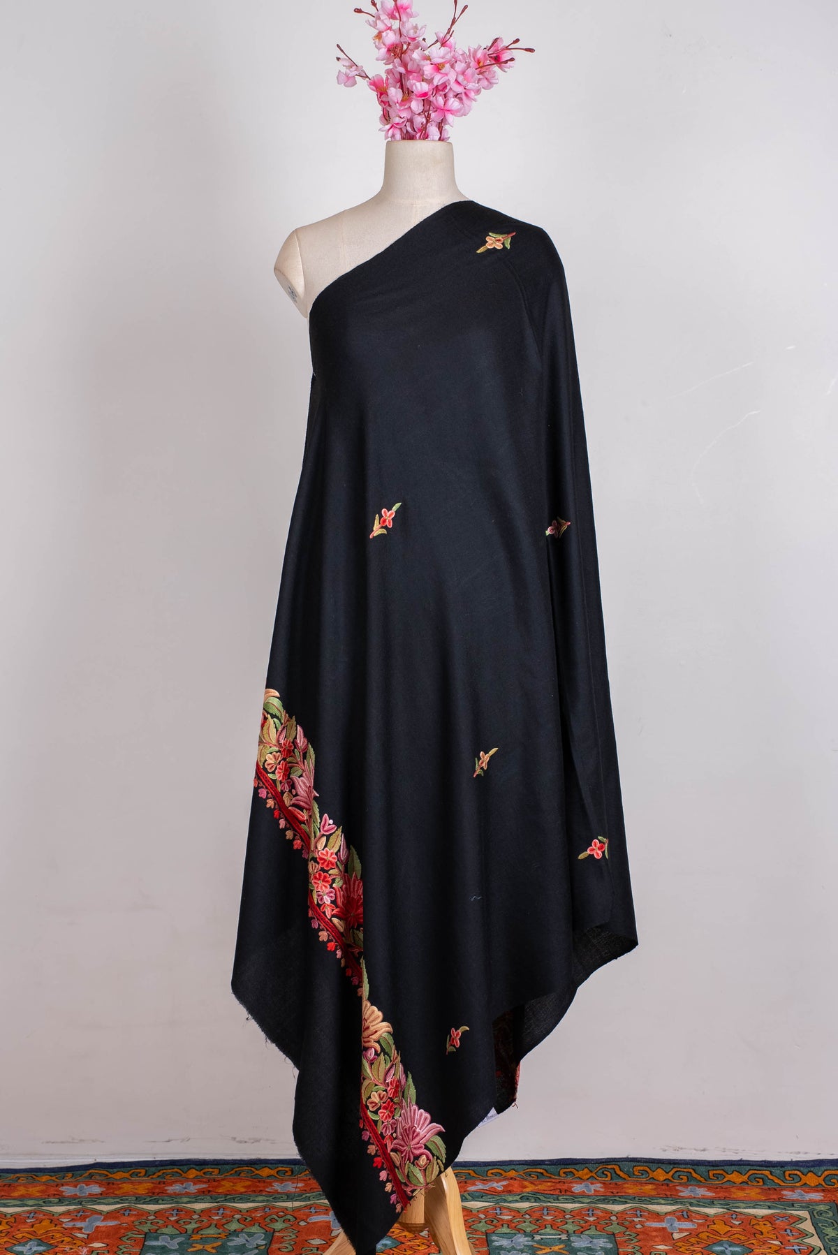 Fine Merino Wool Aari Hand Embroidered Shawl with Rich Floral Vine Detailing