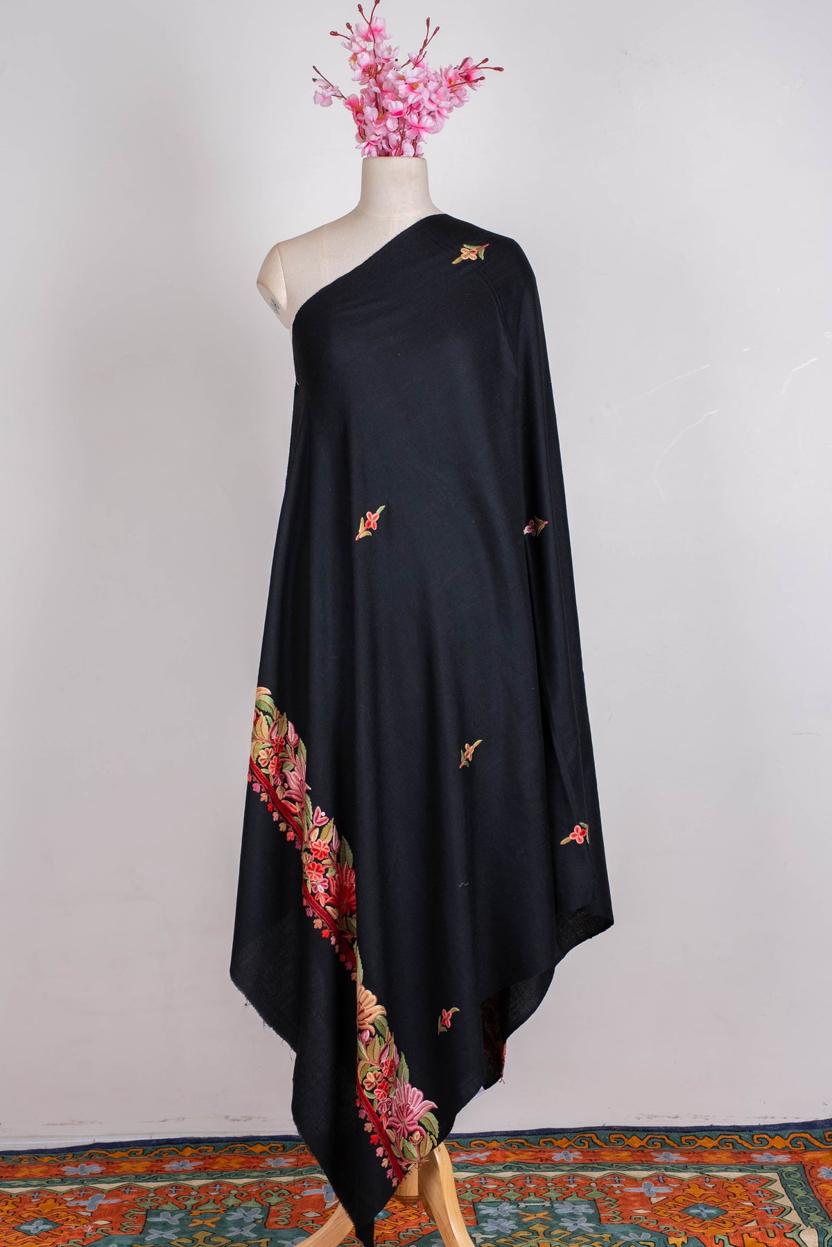 Fine Merino Wool Aari Hand Embroidered Shawl with Rich Floral Vine Detailing