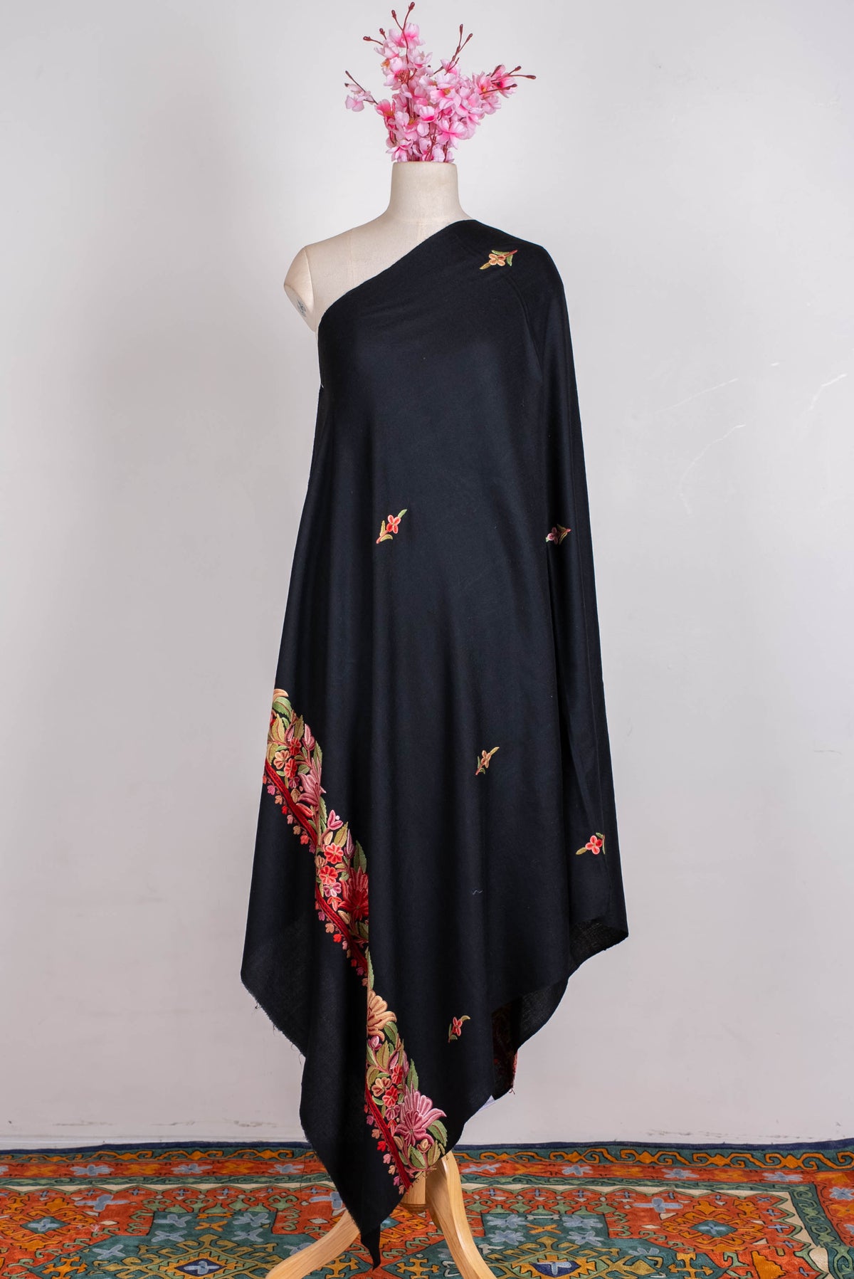 Fine Merino Wool Aari Hand Embroidered Shawl with Rich Floral Vine Detailing