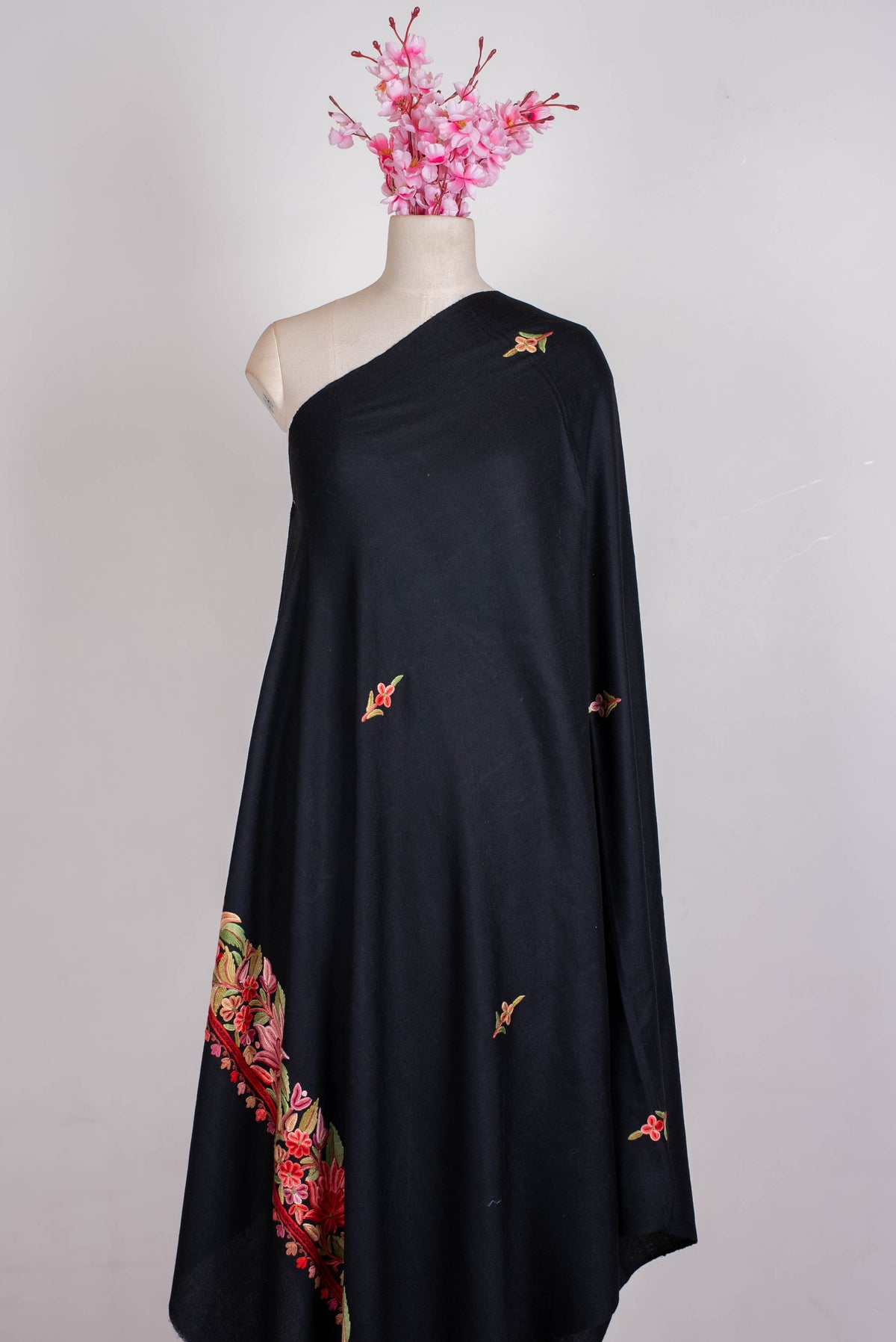 Fine Merino Wool Aari Hand Embroidered Shawl with Rich Floral Vine Detailing