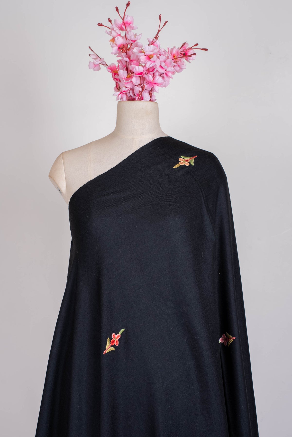 Fine Merino Wool Aari Hand Embroidered Shawl with Rich Floral Vine Detailing