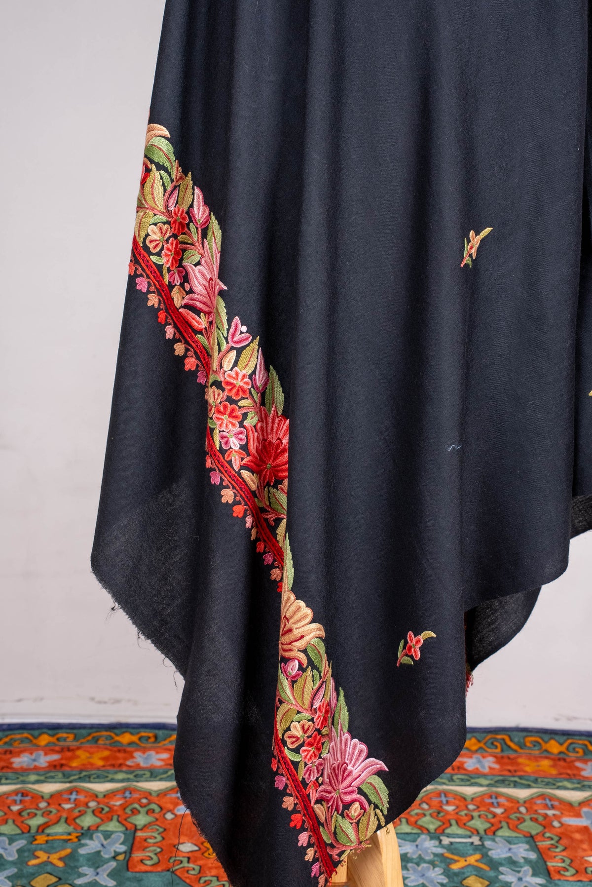 Fine Merino Wool Aari Hand Embroidered Shawl with Rich Floral Vine Detailing