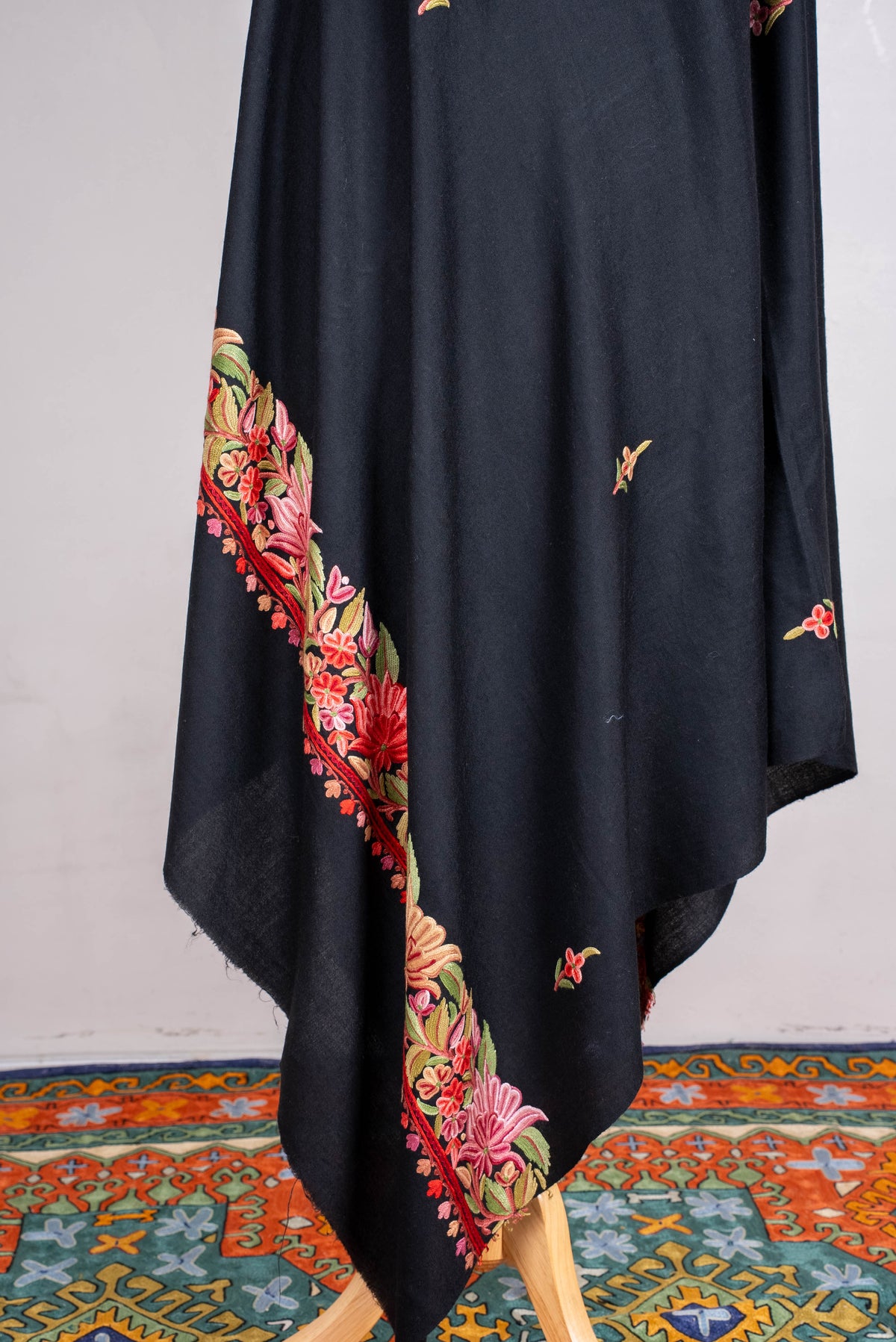 Fine Merino Wool Aari Hand Embroidered Shawl with Rich Floral Vine Detailing